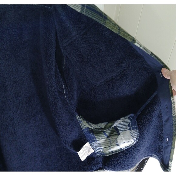 Boston traders MensThick flannel jacket Sherpa Butto Plaid L GreenBlue Lagenlook - Picture 9 of 15